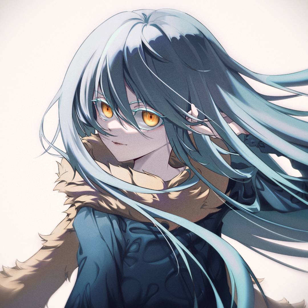 1other analysis androgynous bangs blue_hair commentary_request eyebrows_visible_through_hair fur_scarf hair_between_eyes long_hair long_sleeves looking_at_viewer parted_lips rimuru_tempest simple_background solo tensei_shitara_slime_datta_ken white_background yellow_eyes