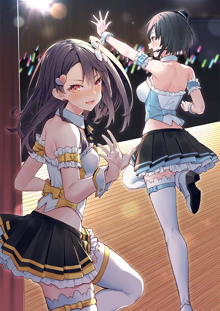 2girls arm_garter bare_shoulders black_headwear black_skirt blush breasts commentary from_behind hair_ornament hat headset heart heart_hair_ornament itou_chieri long_hair looking_at_viewer mini_hat multiple_girls munakata_hinano open_mouth original pleated_skirt red_eyes short_hair skirt small_breasts smile standing standing_on_one_leg thighhighs tokuno_yuika white_legwear zettai_ryouiki