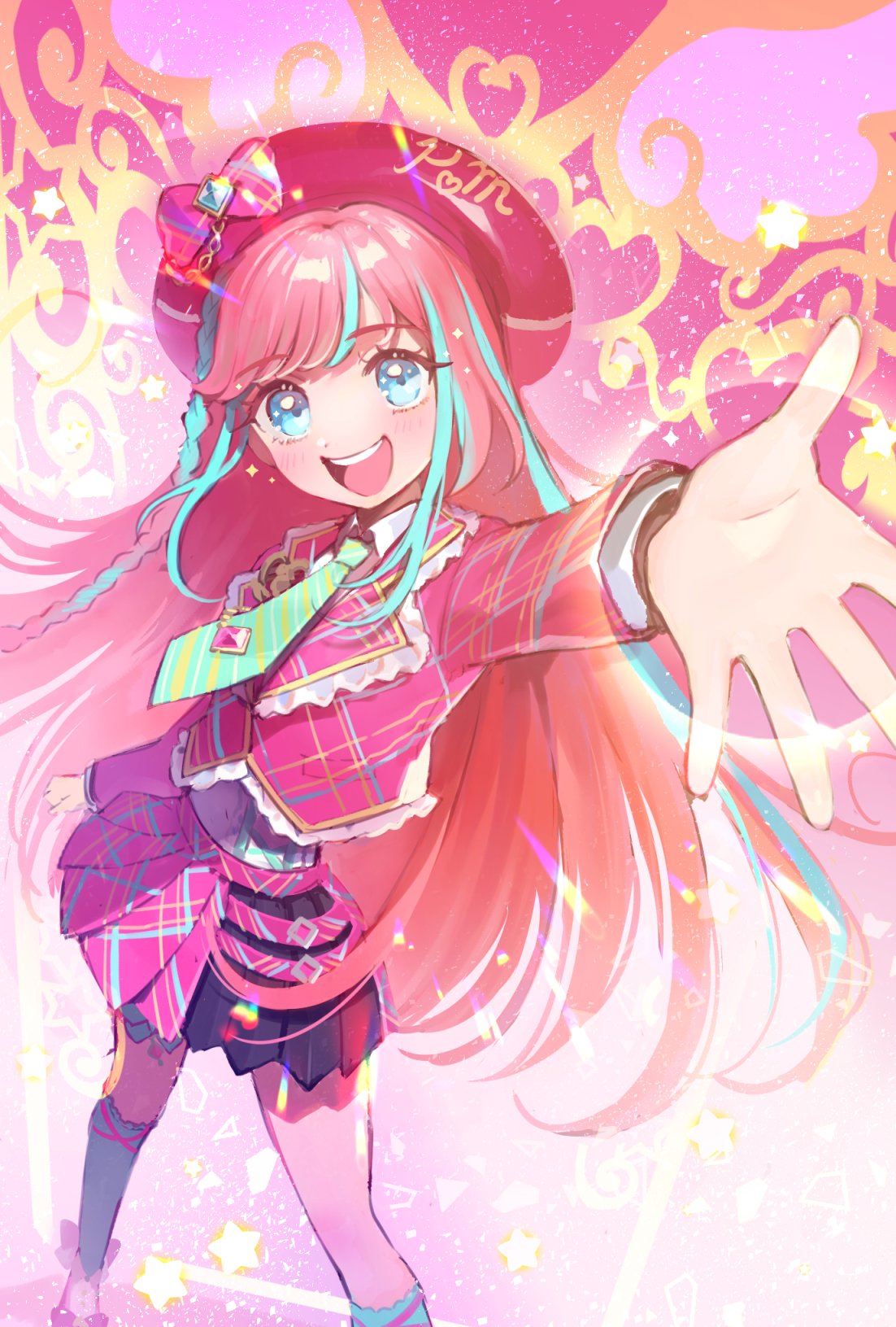 1girl :d aqua_hair aqua_legwear aqua_necktie aqua_stripes beret black_skirt blue_eyes blush bow braid commentary_request cropped_jacket diamond_(symbol) eyebrows_visible_through_hair from_above gem hat hat_bow hibino_matsuri highres idol jacket light_particles long_hair long_sleeves looking_at_viewer miniskirt multicolored_clothes multicolored_hair multicolored_skirt necktie o4ritarou open_mouth pink_background pink_bow pink_footwear pink_hair pink_headwear pink_jacket pink_skirt pink_stripes plaid plaid_jacket plaid_skirt pleated_skirt pretty_(series) reaching round_teeth single_braid skirt smile solo sparkle star_(symbol) streaked_hair striped striped_bow striped_necktie teeth upper_teeth waccha_primagi!