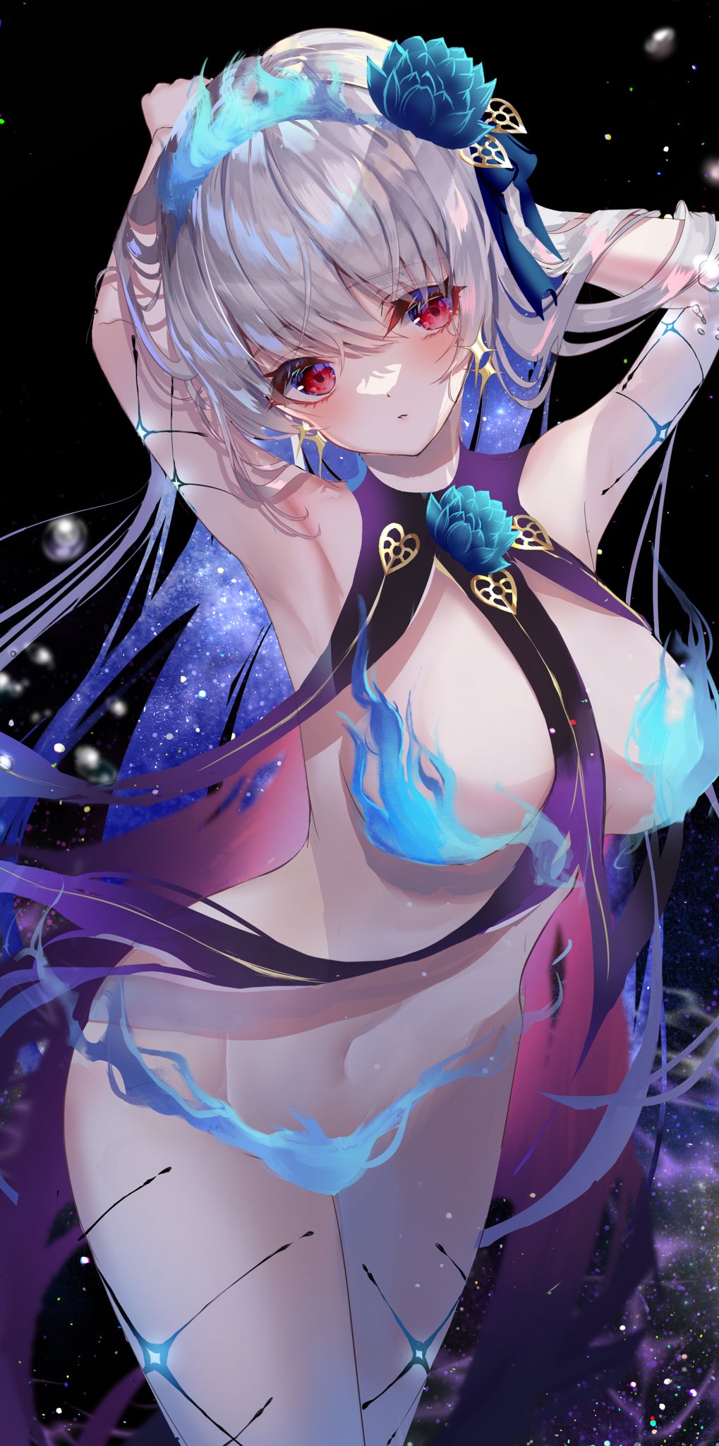 1girl armpits arms_behind_head arms_up bangs bare_shoulders blue_fire blue_hair blush body_markings bracelet breasts chiachun0621 commentary_request earrings fate/grand_order fate_(series) fire flower hair_flower hair_ornament hair_ribbon highres jewelry kama_(fate) kama_(swimsuit_avenger)_(fate) large_breasts long_hair looking_at_viewer lotus multicolored_hair navel red_eyes revealing_clothes ribbon silver_hair solo star_(symbol) star_earrings thighs two-tone_hair