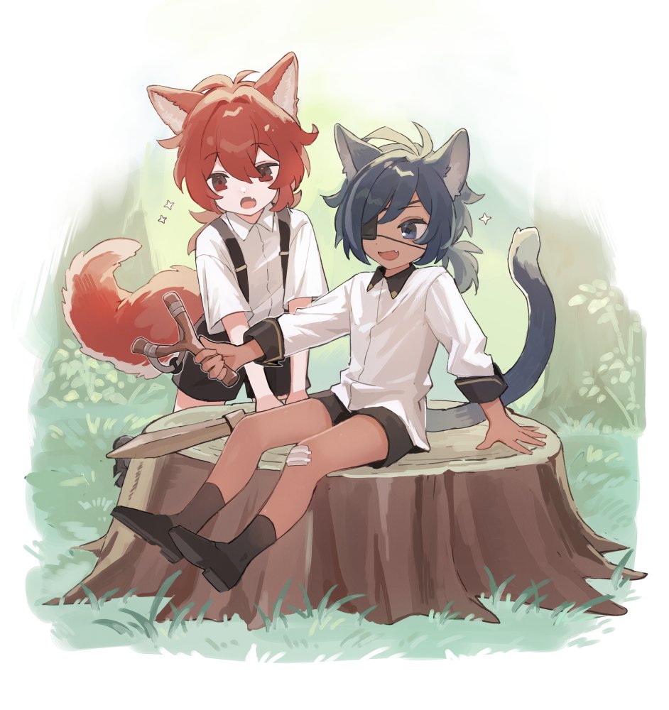 2boys animal_ears bandaid bandaid_on_knee bangs black_eyepatch black_footwear black_legwear black_shorts blue_hair cat_ears cat_tail collared_shirt diluc_(genshin_impact) eyepatch fang full_body genshin_impact grass holding kaeya_(genshin_impact) male_focus multiple_boys one_eye_covered open_mouth outdoors red_eyes red_hair shirt shoes short_hair shorts sitting slingshot socks sparkle suspender_shorts suspenders sword tail tree_stump weapon white_shirt wolf_ears wolf_tail wooden_sword younger zumi_tiri