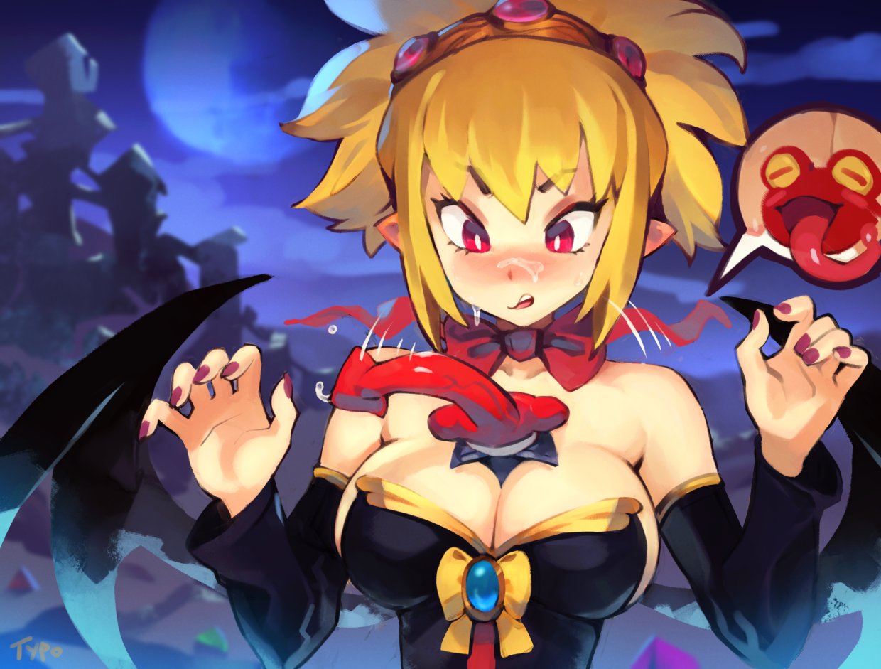 1girl bare_shoulders between_breasts blonde_hair blush bow bowtie breasts detached_sleeves disgaea eyebrows_visible_through_hair hairband large_breasts makai_senki_disgaea_2 nail_polish nose_blush optionaltypo pointy_ears purple_nails red_bow red_bowtie red_eyes rozalin sexually_suggestive surprised tink_(disgaea) upper_body v-shaped_eyebrows