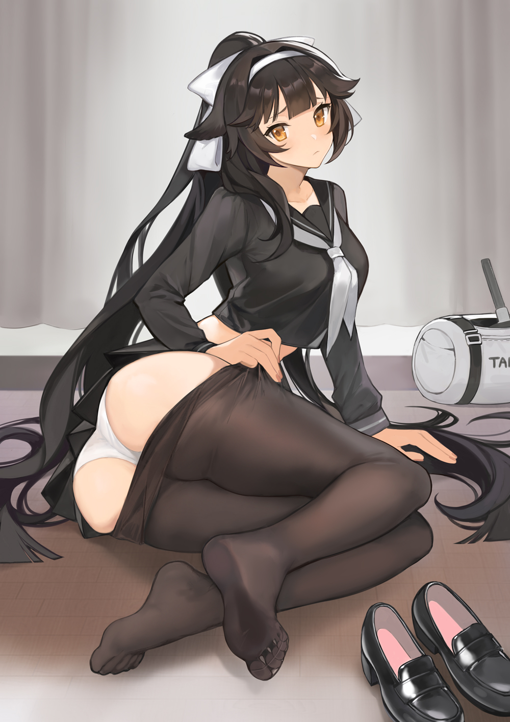 1girl animal_ears ass azur_lane bag black_footwear black_hair black_legwear black_shirt black_skirt blush breasts chinese_commentary closed_mouth clothes_pull cropped_shirt curtains duffel_bag embarrassed feet frown full_body furrowed_brow hair_flaps hair_intakes hair_ribbon hairband highres indoors loafers long_hair looking_at_viewer medium_breasts miniskirt mixed-language_commentary neckerchief official_alternate_costume orange_eyes panties pantyhose pantyhose_pull pleated_skirt ponytail ribbon sailor_collar school_uniform serafuku shirt shoes shoes_removed sitting skirt solo takao_(azur_lane) takao_(school_romanza)_(azur_lane) underwear uniform very_long_hair white_neckerchief white_panties white_ribbon yayako_(804907150)