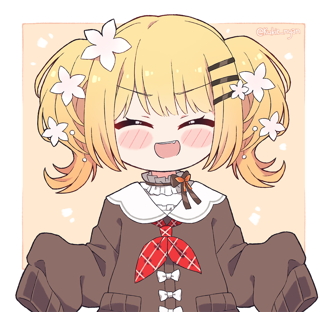 1girl :d ^_^ blonde_hair blush_stickers brown_cardigan cardigan cardigan_vest chibi choker closed_eyes commentary cowboy_shot english_commentary eyebrows_visible_through_hair facing_viewer fang flower frilled_choker frills hair_flower hair_ornament hairclip hololive kukie-nyan medium_hair momosuzu_nene neckerchief open_mouth oversized_clothes sailor_collar sleeves_past_fingers sleeves_past_wrists smile solo twintails twitter_username upper_body virtual_youtuber