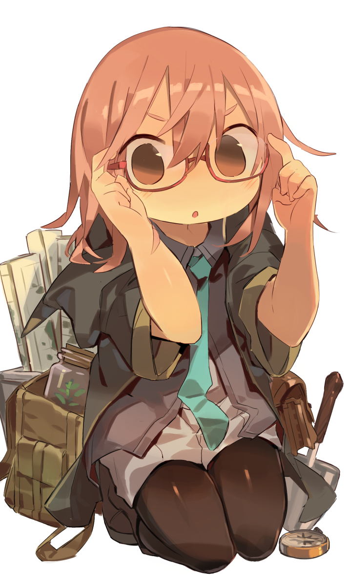 1girl adjusting_eyewear aqua_necktie backpack bag bangs black_cloak black_legwear blush boots brown_eyes brown_footwear child cloak cloneko_(zelmeledf2) collared_shirt commentary compass flat_chest full_body glasses grey_shirt hands_up highres hood hood_down hooded_cloak jar kneeling looking_at_viewer map medium_hair miniskirt necktie open_mouth original pantyhose paper pink_hair plant pleated_skirt pouch red-framed_eyewear shiny shiny_clothes shiny_hair shirt sidelocks simple_background skirt solo trowel v-shaped_eyebrows white_background white_skirt wide-eyed
