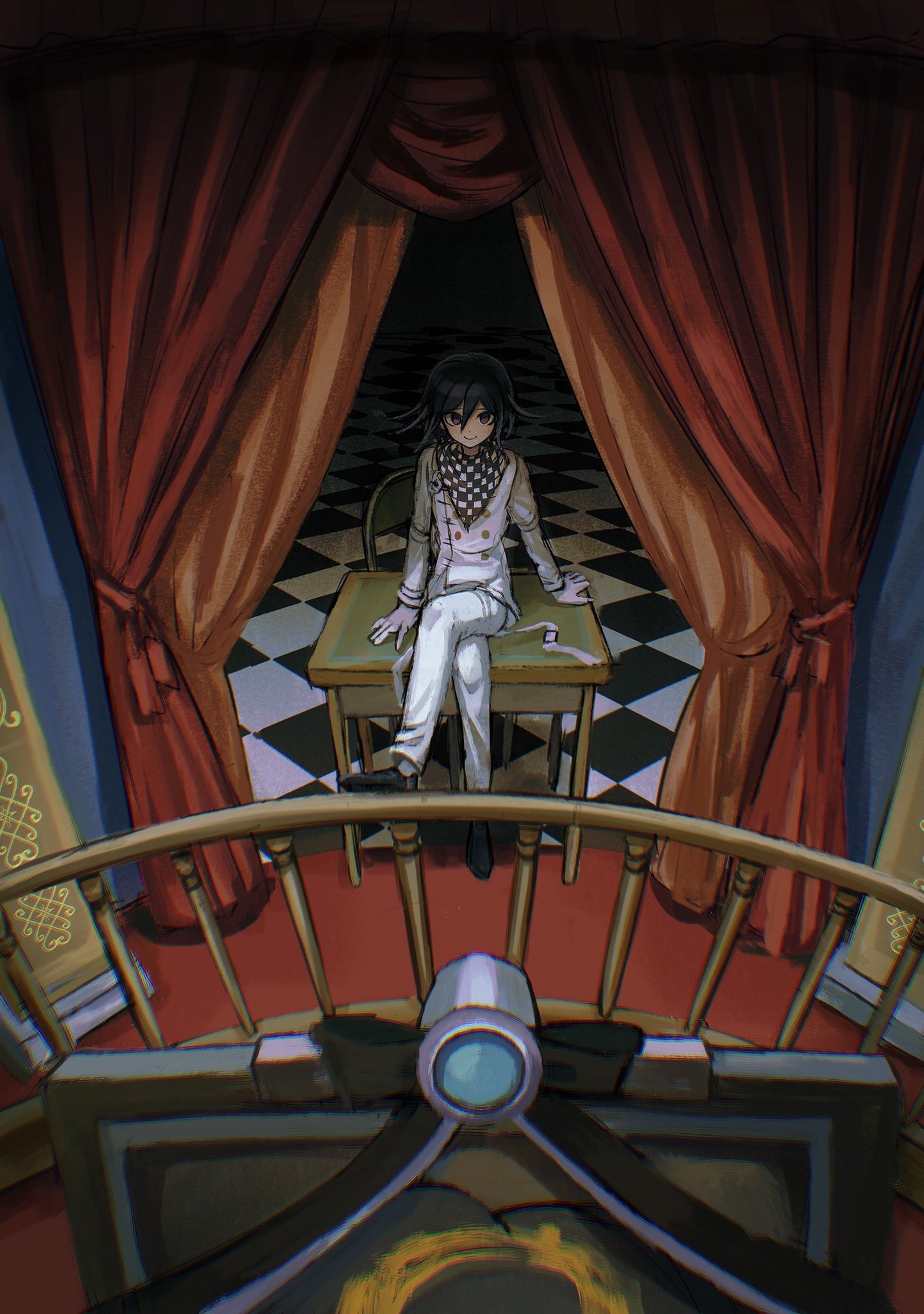 1boy arm_support bangs black_footwear black_hair black_ribbon black_scarf buttons checkered checkered_floor checkered_neckwear checkered_scarf crossed_legs curtains danganronpa_(series) danganronpa_v3:_killing_harmony desk double-breasted flipped_hair hair_between_eyes highres iei indoors long_sleeves looking_at_viewer male_focus on_desk ouma_kokichi pants ribbon scarf sitting smile solo visket53 white_pants white_scarf