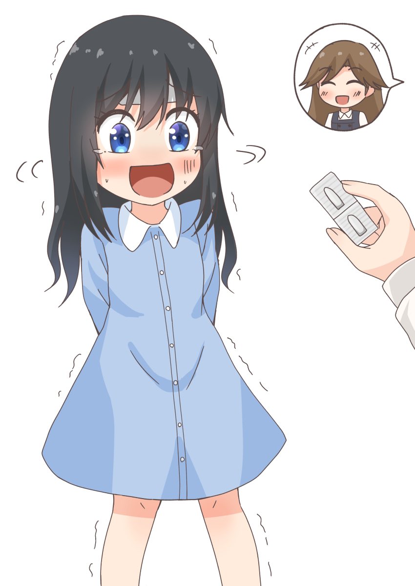 2girls alternate_costume arashio_(kancolle) arm_behind_back asashio_(kancolle) black_hair blue_dress blue_eyes comiching commentary_request dress feet_out_of_frame highres kantai_collection long_hair multiple_girls open_mouth simple_background smile solo_focus standing suppository trembling white_background