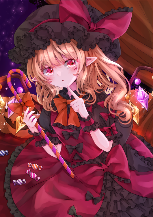 1girl alternate_color bangs black_bow blonde_hair blush bow bowtie candy candy_cane commentary crystal curtains eyebrows_visible_through_hair finger_to_own_chin flandre_scarlet food frilled_bow frills hat hat_ribbon jack-o'-lantern jaku_sono makeup mob_cap orange_bow orange_bowtie pointy_ears puffy_short_sleeves puffy_sleeves red_eyes red_skirt red_vest ribbon short_sleeves side_ponytail sidelocks sitting skirt solo sparkle star-shaped_pupils star_(symbol) star_print symbol-shaped_pupils touhou upper_body vest wings