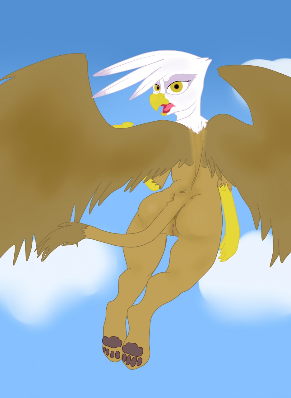 anus avian beak brown_feathers butt cloud feathers feet female flying friendship_is_magic gilda_(mlp) gryphon invalid_tag looking_back mazx my_little_pony pussy sky white_feathers yellow_eyes