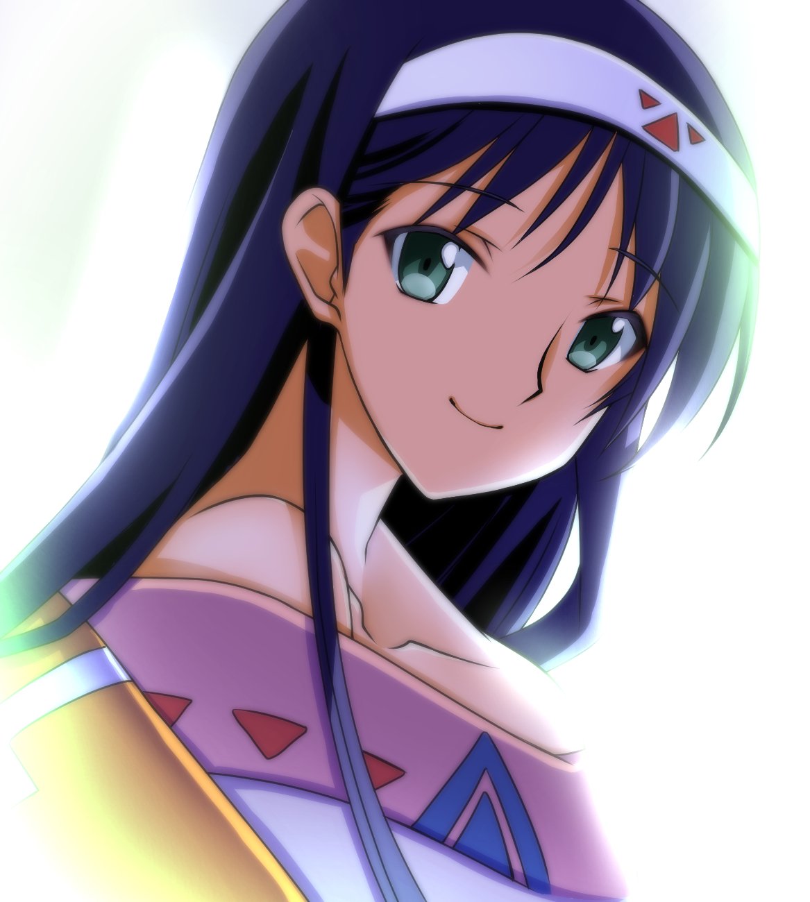 1girl bare_shoulders blue_hair closed_mouth green_eyes hairband highres long_hair looking_at_viewer lucia_(lunar) lunar lunar_2:_eternal_blue senomoto_hisashi simple_background smile solo white_background