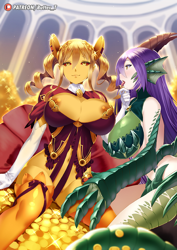 2girls :3 animal_hands areola_slip areolae bangs blush boots breasts butter-t cleavage coin colored_sclera colored_skin commentary creeping_coin_(monster_girl_encyclopedia) dragon_(monster_girl_encyclopedia) dragon_girl dragon_wings drill_hair elbow_gloves english_commentary gloves gold green_wings hair_between_eyes hand_on_another's_chin head_fins high_heel_boots high_heels horns large_breasts long_hair looking_at_another looking_at_viewer monster_girl monster_girl_encyclopedia multiple_girls navel nipple_slip nipples purple_hair red_sclera revealing_clothes scales smile thighhighs tongue tongue_out twin_drills white_gloves wings yellow_eyes yellow_legwear yellow_skin