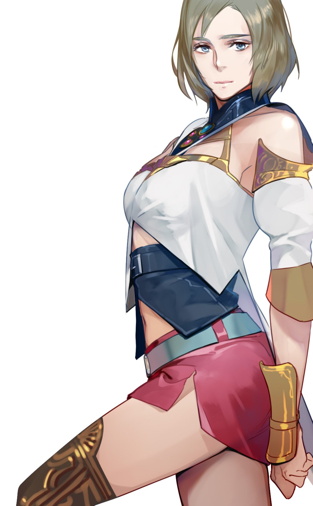 1girl armor ashelia_b'nargin_dalmasca belt blue_eyes breasts brown_hair closed_mouth final_fantasy final_fantasy_xii highres looking_at_viewer miniskirt navel nini_tw99 short_hair simple_background skirt solo thighhighs white_background