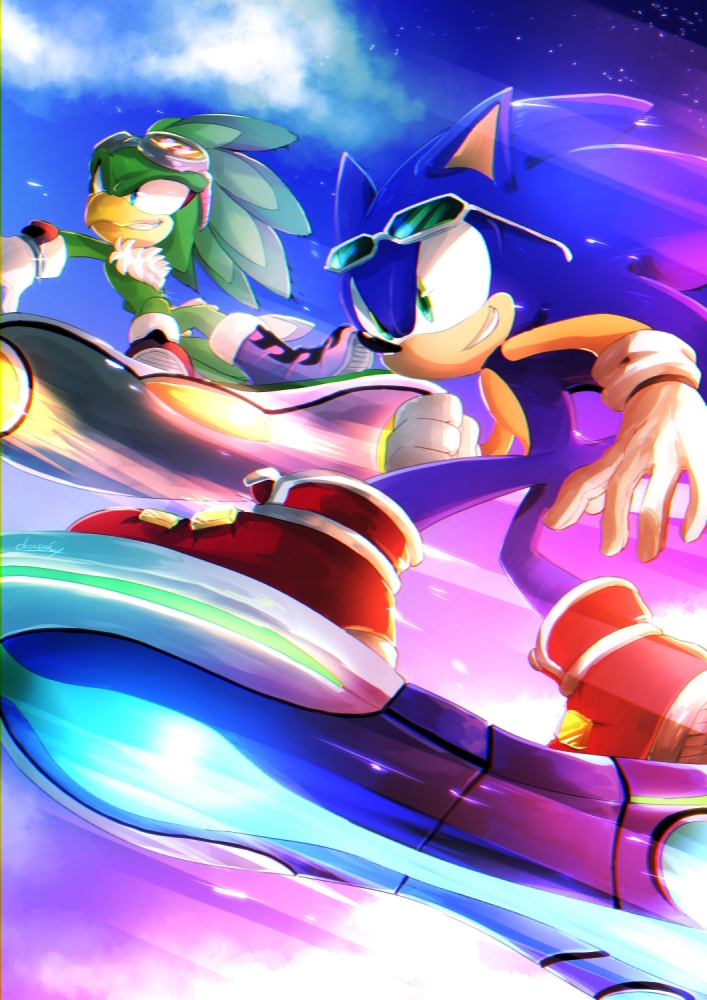 2boys animal_nose beak boots cloud eyewear_on_head feathers furry furry_male gloves grin hover_board jet_the_hawk male_focus multiple_boys racing red_footwear sky smile sonic_(series) sonic_riders sonic_the_hedgehog tondamanuke white_gloves