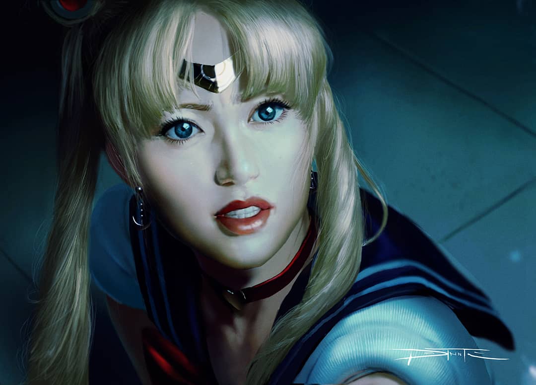 1girl bishoujo_senshi_sailor_moon blonde_hair blue_eyes choker circlet clenched_teeth commentary crescent crescent_earrings derivative_work earrings english_commentary eyebrows_behind_hair eyelashes heart heart_choker jewelry lips magical_girl meme parted_lips photorealistic portrait red_lips sailor_collar sailor_moon sailor_moon_redraw_challenge_(meme) screencap_redraw signature solo teeth tiago_datrinti tsukino_usagi twintails upper_body