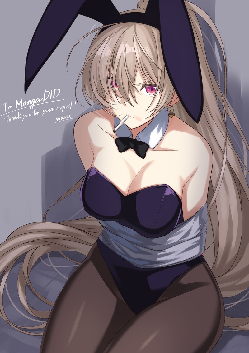 1girl animal_ears azur_lane bangs bare_shoulders black_bow bound bound_arms bow bowtie breasts cigarette cleavage closed_mouth collarbone commission earrings eyebrows_visible_through_hair fake_animal_ears hair_between_eyes jean_bart_(azur_lane) jewelry large_breasts light_brown_hair long_hair looking_at_viewer playboy_bunny ponytail purple_eyes simple_background sitting solo wara_(warapro)