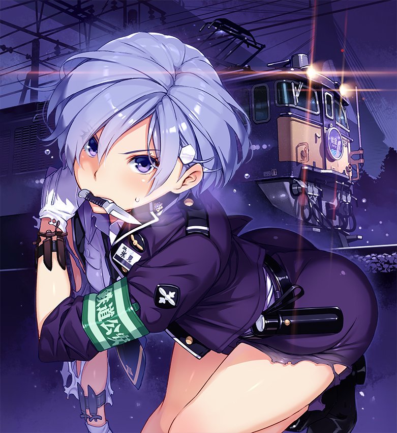 1girl arm_holster armband bangs belt black_belt black_necktie blue_eyes blue_hair blue_jacket blue_skirt commentary_request dress_shirt gloves ground_vehicle himi_fumie jacket knife leaning_forward looking_at_viewer miniskirt mouth_hold necktie night night_sky outdoors pencil_skirt power_lines rail_wars! shirt short_hair skirt sky solo sweatdrop throwing_knife torn_clothes torn_skirt train uniform vania600 weapon white_gloves white_shirt