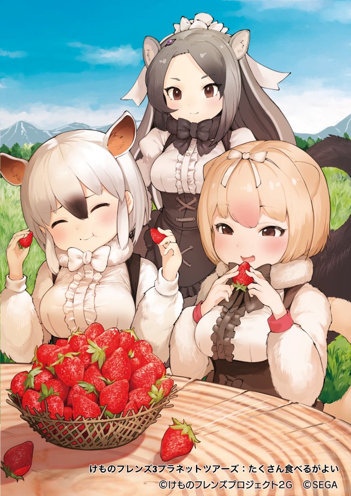 3girls anteater_ears anteater_tail black_corset black_hair black_neckwear blonde_hair blush bow bowtie brown_eyes center_frills commentary_request corset eating eyebrows_visible_through_hair food frills fruit fur_collar giant_anteater_(kemono_friends) grey_hair hair_between_eyes kemono_friends kemono_friends_3:_planet_tours koruse long_hair long_sleeves multicolored_hair multiple_girls official_art puffy_sleeves shirt silky_anteater_(kemono_friends) smile southern_tamandua_(kemono_friends) strawberry translated two-tone_hair white_bow white_bowtie white_fur white_hair white_shirt