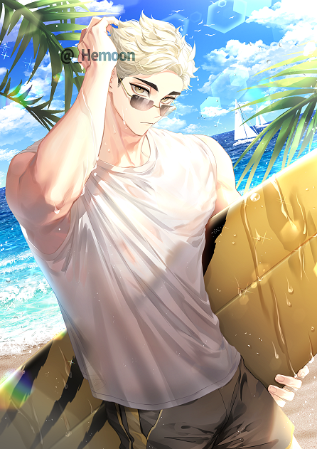 1boy arm_up bangs beach bird blonde_hair blue_sky boat brown_eyes closed_mouth cloud commentary day eyebrows haikyuu!! hand_in_hair hemoon holding holding_surfboard looking_at_viewer male_focus male_swimwear male_underwear miya_atsumu multicolored_hair ocean outdoors palm_tree sailboat sand seagull see-through shirt short_hair sky solo summer sunglasses surf surfboard swim_trunks symbol-only_commentary toned toned_male tree twitter_username two-tone_hair underwear water watercraft wet wet_clothes wet_shirt white_shirt