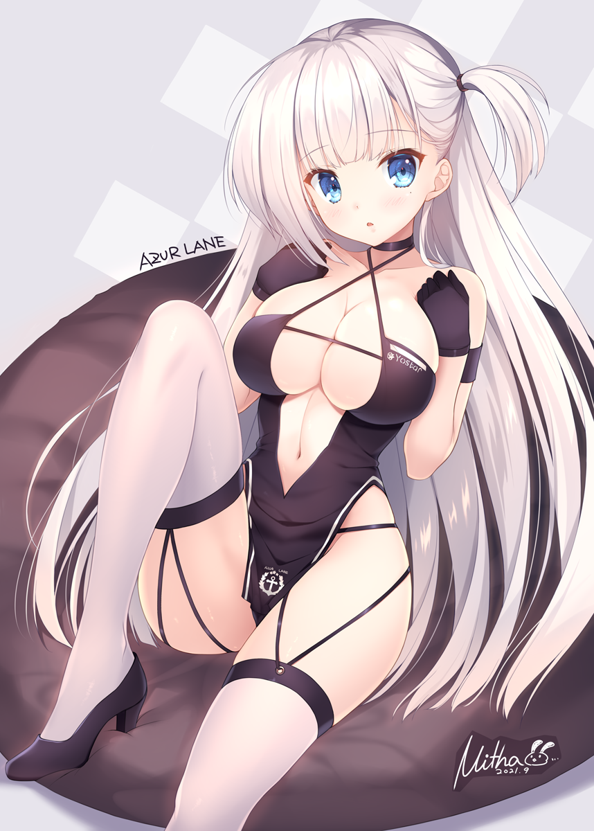 1girl azur_lane bangs bare_shoulders black_choker black_dress black_footwear black_gloves blue_eyes blush breasts choker cleavage commentary_request copyright_name criss-cross_halter dated dress eyebrows_visible_through_hair feet_out_of_frame gloves halterneck hands_up high_heels highres knee_up large_breasts long_hair mitha mole mole_under_eye official_alternate_costume one_side_up parted_lips race_queen revision shoes shoukaku_(azur_lane) shoukaku_(sororal_wings)_(azur_lane) signature skindentation solo thighhighs very_long_hair white_hair white_legwear