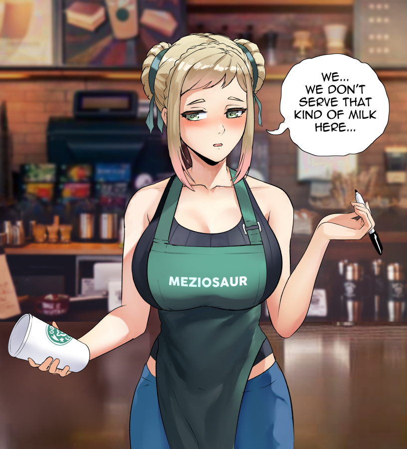 1girl alternate_costume apron artist_name bare_shoulders barista black_shirt blonde_hair blue_pants blush braid braided_bun breasts cafe coffee_maker_(object) collarbone commentary contemporary cup double_bun english_commentary english_text fire_emblem fire_emblem_heroes gradient_hair green_apron green_eyes green_ribbon hair_bun hair_ribbon half-closed_eyes henriette_(fire_emblem) holding holding_cup holding_pen iced_latte_with_breast_milk_(meme) indoors large_breasts looking_at_viewer meme moize_opel multicolored_hair pants pen pink_hair ribbed_shirt ribbon shirt short_hair sidelocks sleeveless sleeveless_shirt solo speech_bubble starbucks surprised