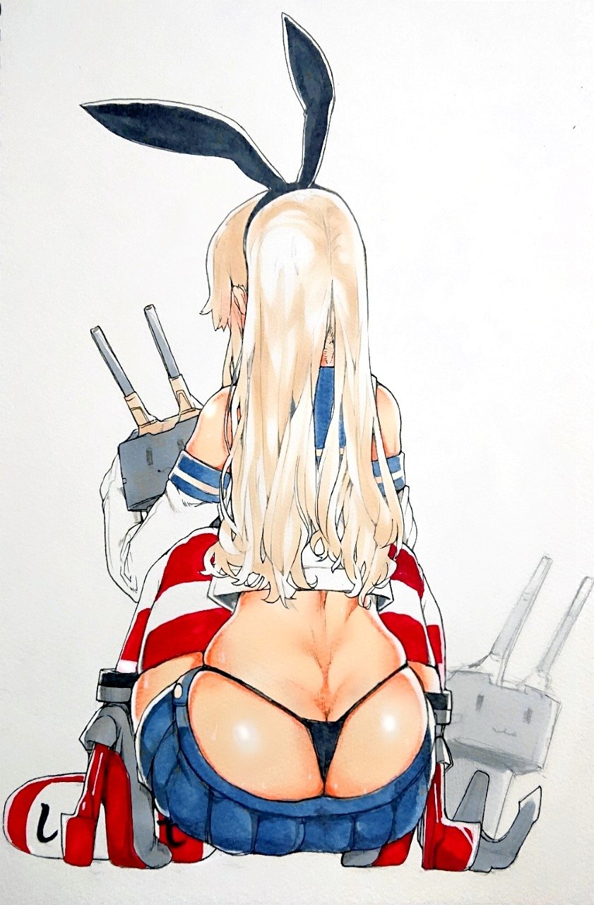 1girl ass back black_hairband black_panties blonde_hair blue_skirt butt_crack commentary_request elbow_gloves from_behind gloves grey_background hairband highres kantai_collection long_hair panties rensouhou-chan sabusupi shimakaze_(kancolle) simple_background skirt squatting striped striped_legwear thighhighs traditional_media underwear white_gloves