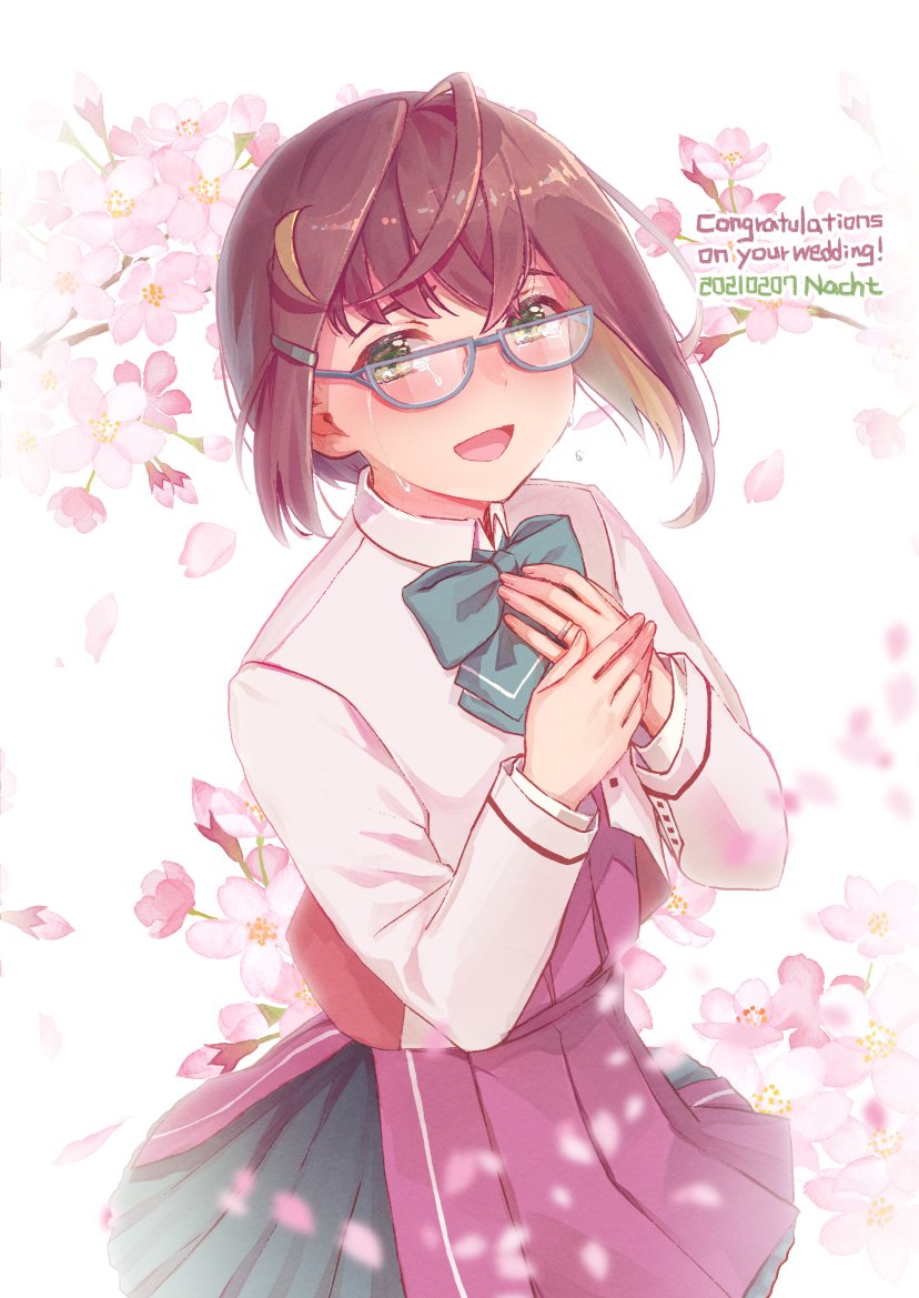 1girl banned_artist blazer blue-framed_eyewear brown_hair cherry_blossoms commentary_request commission cowboy_shot dress glasses green_eyes green_neckwear hand_on_own_chest jacket jewelry kantai_collection multicolored_hair nacht okinami_(kancolle) petals pink_hair pleated_dress purple_dress remodel_(kantai_collection) ring school_uniform short_hair solo wedding_band
