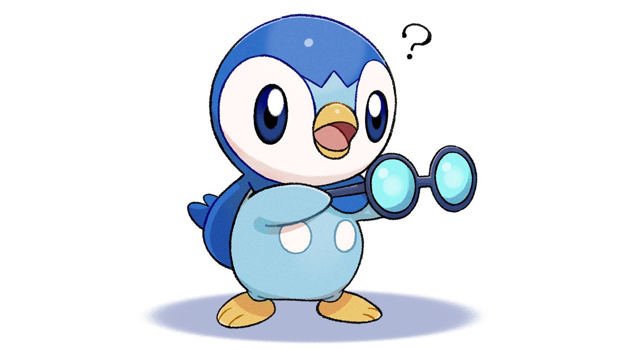 ? blue_eyes commentary_request glasses glasses_day holding holding_eyewear no_humans official_art open_mouth piplup pokemon pokemon_(creature) project_pochama solo standing toes tongue white_background