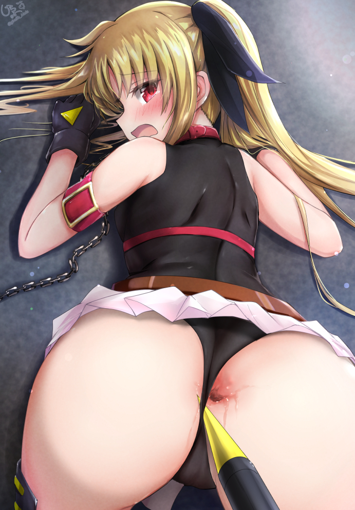1girl all_fours anus ass bardiche black_leotard blonde_hair cameltoe chain clothing_aside fate_testarossa from_behind giraffe_(ilconte) gloves leotard leotard_aside long_hair looking_at_viewer looking_back lyrical_nanoha mahou_shoujo_lyrical_nanoha red_eyes shiny shiny_hair skirt solo twintails
