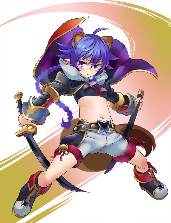 1girl ahoge animal_ears boots braid breasts closed_mouth coat full_body grey_shorts holding holding_sheath holding_sword holding_weapon legs_apart long_hair long_sleeves looking_at_viewer matsuhime_mujina midriff mimonel navel open_clothes open_coat purple_eyes purple_hair sheath shinrabanshou shorts single_braid small_breasts solo sword weapon
