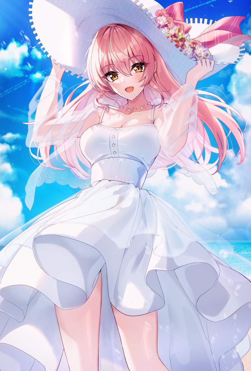 1girl :d armpit_crease bare_legs blue_sky blush breasts cleavage collarbone condensation_trail eyebrows_visible_through_hair feet_out_of_frame flower hat hat_flower highres holding holding_clothes holding_hat idolmaster idolmaster_cinderella_girls idolmaster_cinderella_girls_starlight_stage jewelry jougasaki_mika lens_flare long_hair looking_at_viewer medium_breasts necklace ocean open_mouth pearl_necklace pink_hair see-through shirt skirt sky sleeveless sleeveless_shirt smile solo sun_hat sutoroa white_skirt