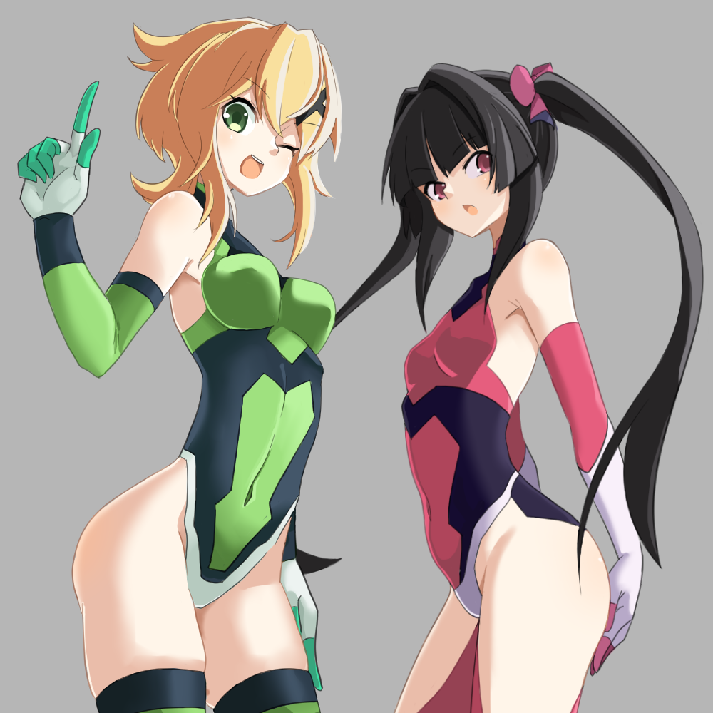 2girls 310-6 akatsuki_kirika bangs black_hair blonde_hair blunt_bangs breasts commentary_request elbow_gloves gloves green_eyes green_gloves green_legwear green_leotard grey_background hair_ornament hair_ribbon index_finger_raised leotard long_hair looking_at_viewer magical_girl multiple_girls open_mouth partial_commentary pink_eyes pink_gloves pink_leotard pink_ribbon ribbon senki_zesshou_symphogear short_hair simple_background sleeveless small_breasts smile standing thighhighs tsukuyomi_shirabe twintails x_hair_ornament