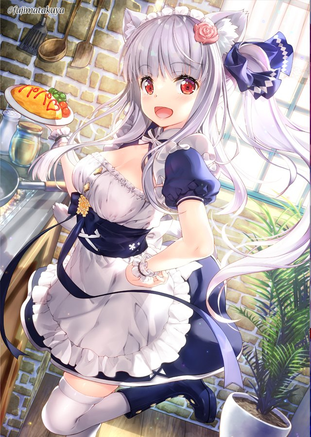 1girl :d animal_ear_fluff animal_ears apron bangs blue_dress blue_footwear boots breasts brick_wall cat_ears character_request cleavage commentary_request dress eyebrows_visible_through_hair food frilled_apron frills frying_pan fujima_takuya grey_hair hand_on_hip holding holding_plate indoors isekai_ni_tobasaretara_papa_ni_nattandaga ladle long_hair looking_at_viewer medium_breasts omurice open_mouth plant plate potted_plant puffy_short_sleeves puffy_sleeves red_eyes short_sleeves side_ponytail smile solo spatula standing standing_on_one_leg thighhighs thighhighs_under_boots twitter_username very_long_hair waist_apron white_apron white_legwear window wooden_floor