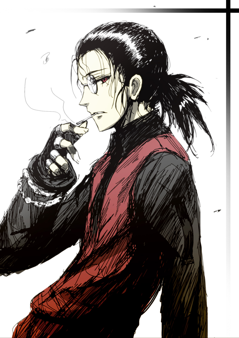 1boy age_regression black_hair black_shirt cigarette gloves hellsing jewelry male_focus monocle ponytail red_eyes red_vest ring shirt smoking tied_hair vest wakame walter_c._dornez younger