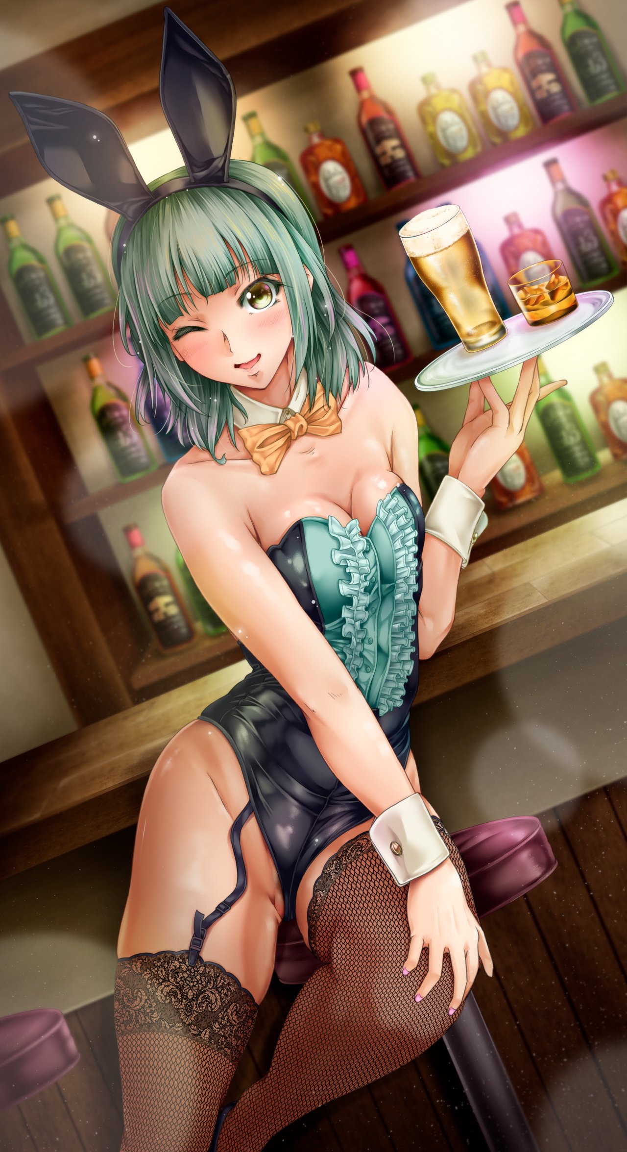 1girl alcohol alternate_hairstyle animal_ears bar beer black_legwear black_leotard blush bottle breasts cleavage commentary commentary_request cup eyebrows_visible_through_hair fake_animal_ears green_hair green_leotard highres kantai_collection leotard liquor multicolored_leotard one_eye_closed open_mouth plate pussy pussy_peek rabbit_ears short_hair sitting small_breasts smile solo stool thighhighs tsukineko wine wrist_cuffs yellow_eyes yuubari_(kancolle)