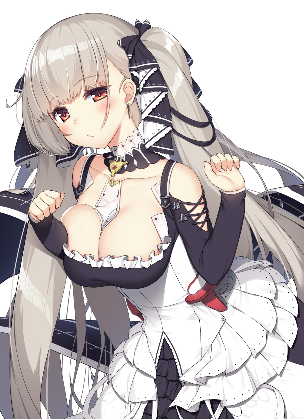 1girl azur_lane bangs bare_shoulders breasts choker cleavage clenched_hands collarbone commentary_request detached_sleeves earrings eyebrows_visible_through_hair eyes_visible_through_hair flight_deck formidable_(azur_lane) hair_ribbon highres jewelry long_hair long_sleeves looking_at_viewer machinery maid olive_(laai) red_eyes ribbon sidelocks silver_hair simple_background solo twintails white_background