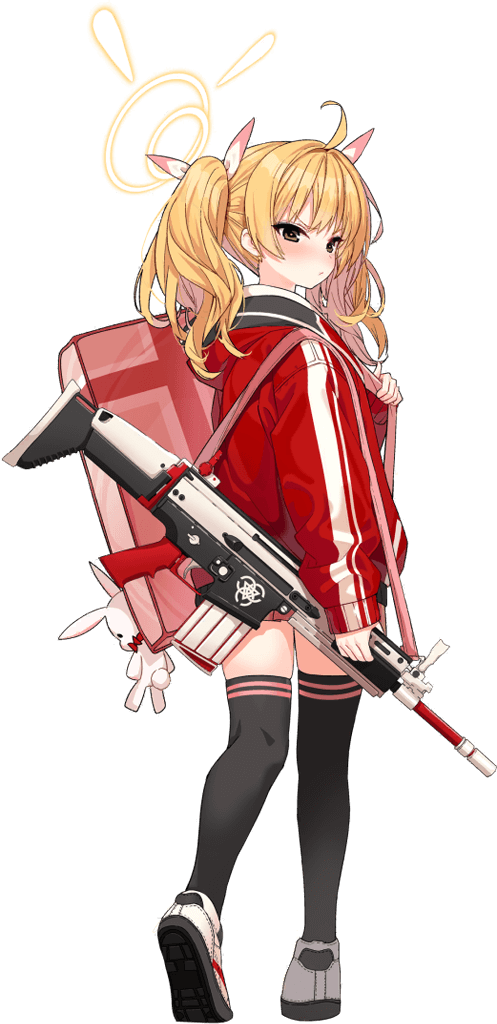1girl ahoge assault_rifle bag bangs black_legwear blonde_hair blue_archive blush brown_eyes closed_mouth duffel_bag fn_scar from_behind full_body grey_eyes gun gym_uniform hair_ribbon halo holding holding_gun holding_weapon jacket long_hair long_sleeves looking_back mx2j_(nsh6394) official_art red_jacket ribbon rifle sleeves_past_wrists solo strap stuffed_animal stuffed_bunny stuffed_toy thighhighs transparent_background twintails weapon yoshimi_(blue_archive)