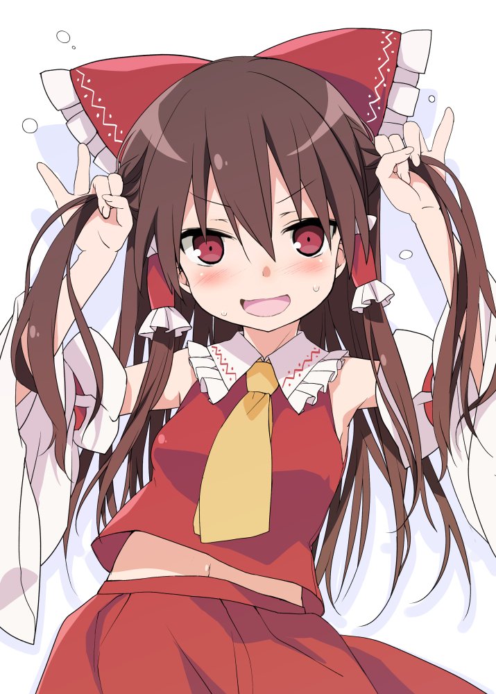 1girl bangs bare_shoulders blush bow brown_hair bunching_hair collared_shirt detached_sleeves hair_between_eyes hair_bow hair_tubes hakurei_reimu hand_on_own_head long_hair long_sleeves looking_at_viewer navel open_mouth red_bow red_eyes red_shirt red_skirt shirt simple_background skirt smile sweat sweatdrop tororo touhou twintails upper_body white_background yellow_neckwear