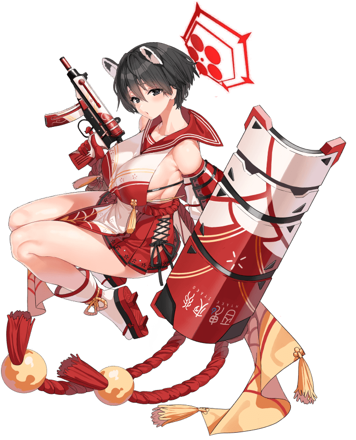 1girl :o animal_ears bangs black_hair blue_archive breasts cat_ears cleavage elbow_gloves finger_on_trigger from_side full_body gloves gun hair_between_eyes halo japanese_clothes large_breasts looking_at_viewer mx2j_(nsh6394) nontraditional_miko official_art open_mouth red_gloves red_sailor_collar red_skirt riot_shield rope sailor_collar shield short_hair sideboob skirt skorpion_vz._61 solo submachine_gun transparent_background tsubaki_(blue_archive) weapon