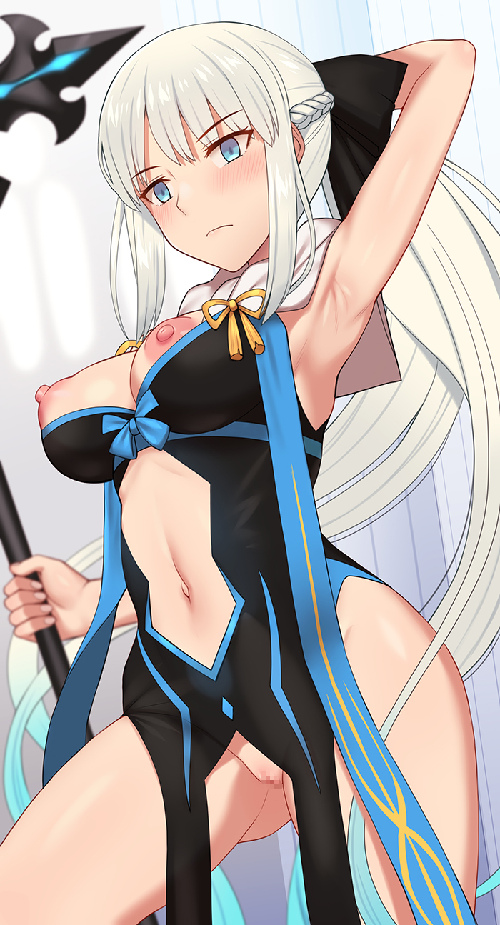 1girl arm_behind_head arm_up armpits ass_visible_through_thighs bangs bare_shoulders black_bow black_dress blue_eyes bow braid breasts capelet censored center_opening dress eyebrows_visible_through_hair fate/grand_order fate_(series) french_braid grey_hair hair_bow highres large_breasts long_hair looking_at_viewer md5_mismatch morgan_le_fay_(fate) mosaic_censoring navel nipples nt00 pelvic_curtain polearm ponytail pussy sidelocks solo spear thighs very_long_hair weapon white_capelet