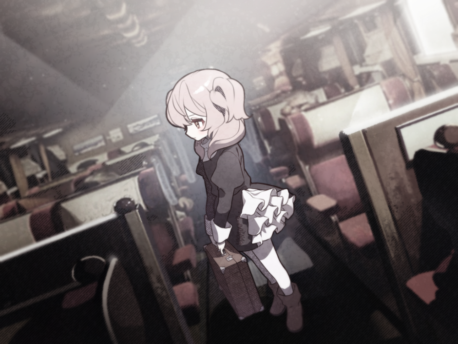 122pxsheol 1girl ankle_boots black_dress boots dress expressionless frilled_dress frills full_body game_cg happy_saint_sheol holding holding_suitcase horizontal_pupils maya_elbeth medium_hair non-web_source official_art orange_pupils pink_hair profile short_twintails solo suitcase train_interior twintails white_dress