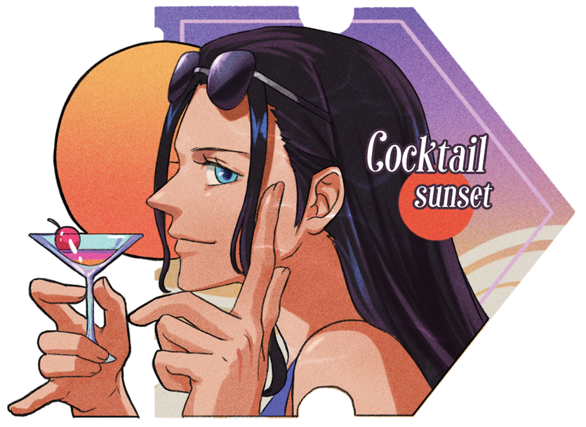 1girl black_hair blue_eyes cocktail cocktail_glass cup drink drinking_glass english_text eyewear_on_head holding holding_drink jennyandloiryan light_smile long_hair looking_at_viewer nico_robin one_piece profile solo ticket upper_body