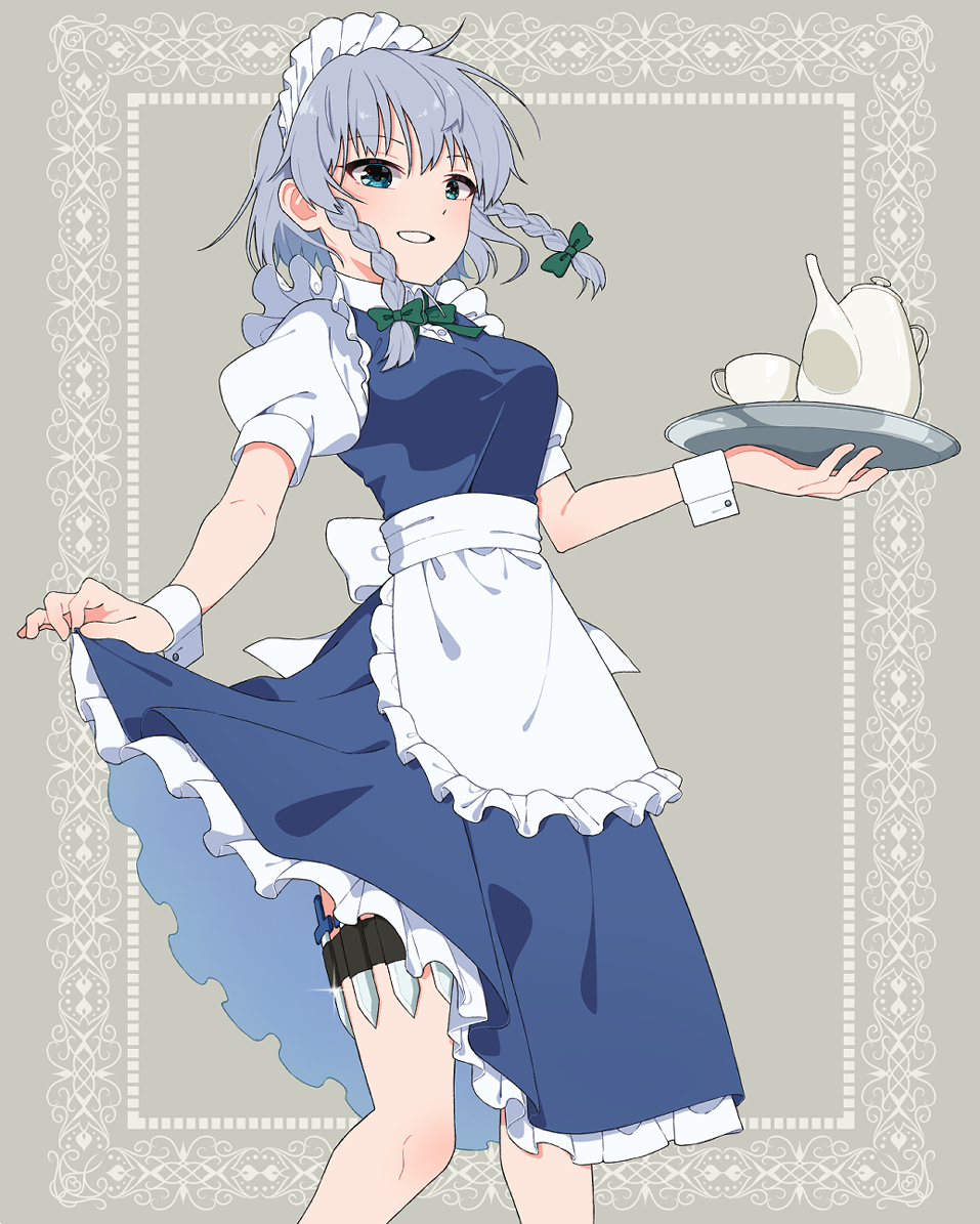 1girl apron blue_dress blue_eyes bow bowtie braid breasts collared_shirt commentary_request cowboy_shot cup dress frilled_apron frilled_dress frills german_shiroishi green_bow green_bowtie green_ribbon grey_hair grin hair_ribbon holding holding_tray holster izayoi_sakuya knife legs maid maid_headdress medium_breasts medium_hair ribbon shirt skirt_hold smile solo teacup teapot thigh_holster touhou tray twin_braids waist_apron waist_bow white_apron white_bow white_shirt wrist_cuffs