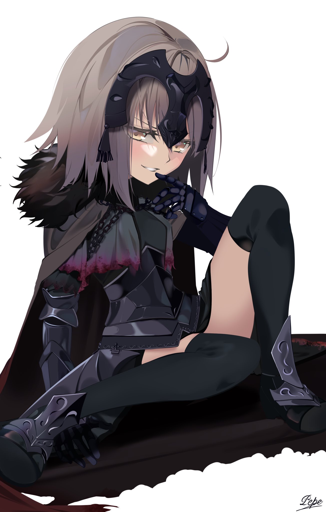 1girl armor armored_boots armored_dress black_dress black_thighhighs boots breasts chain collar cosplay dress fate/grand_order fate_(series) faulds gauntlets grey_hair grin headpiece highres jeanne_d'arc_alter_(avenger)_(fate) jeanne_d'arc_alter_(avenger)_(fate)_(cosplay) jeanne_d'arc_alter_(fate) jeanne_d'arc_alter_santa_lily_(fate) looking_at_viewer metal_collar pei_iriya plackart short_hair sitting small_breasts smile solo thighhighs yellow_eyes