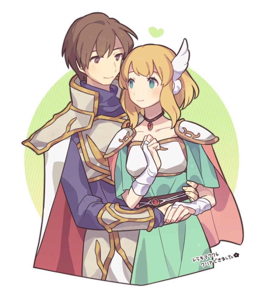 1boy 1girl aqua_eyes armor blonde_hair breastplate brown_eyes brown_hair cape closed_mouth commentary_request couple eyelashes faulds fire_emblem fire_emblem:_thracia_776 green_background haconeri head_wings heart jewelry leif_(fire_emblem) medium_hair nanna_(fire_emblem) necklace pauldrons red_cape short_hair shoulder_armor smile translation_request two-sided_cape two-sided_fabric two-tone_background two-tone_cape white_background white_cape wings