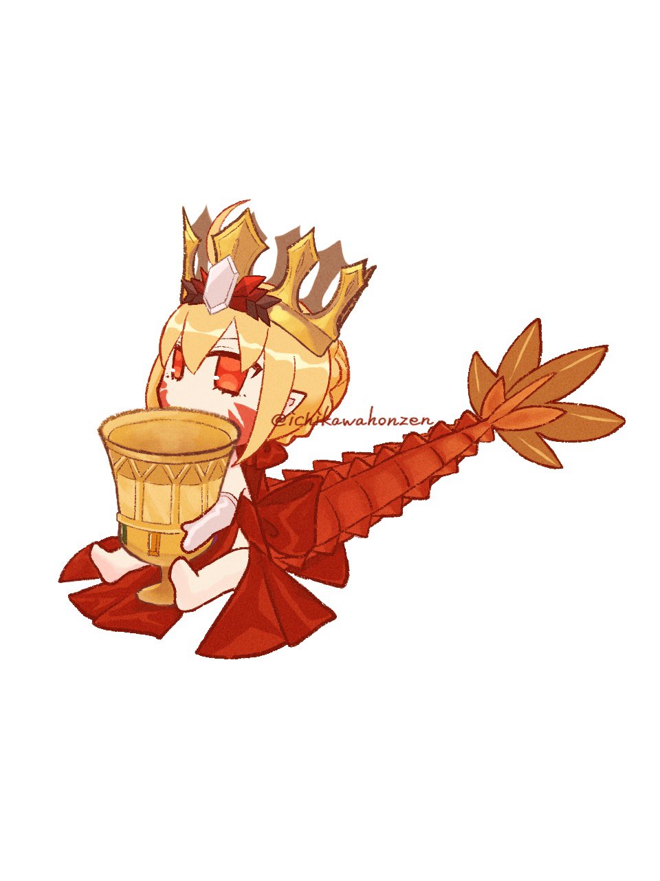 1girl blonde_hair chalice chibi crown cup dragon_tail dress facial_mark fate/grand_order fate_(series) highres holy_grail_(fate) ichikawahonzen nero_claudius_(fate) pointy_ears queen_draco_(fate) red_dress red_eyes simple_background sitting solo tail white_background