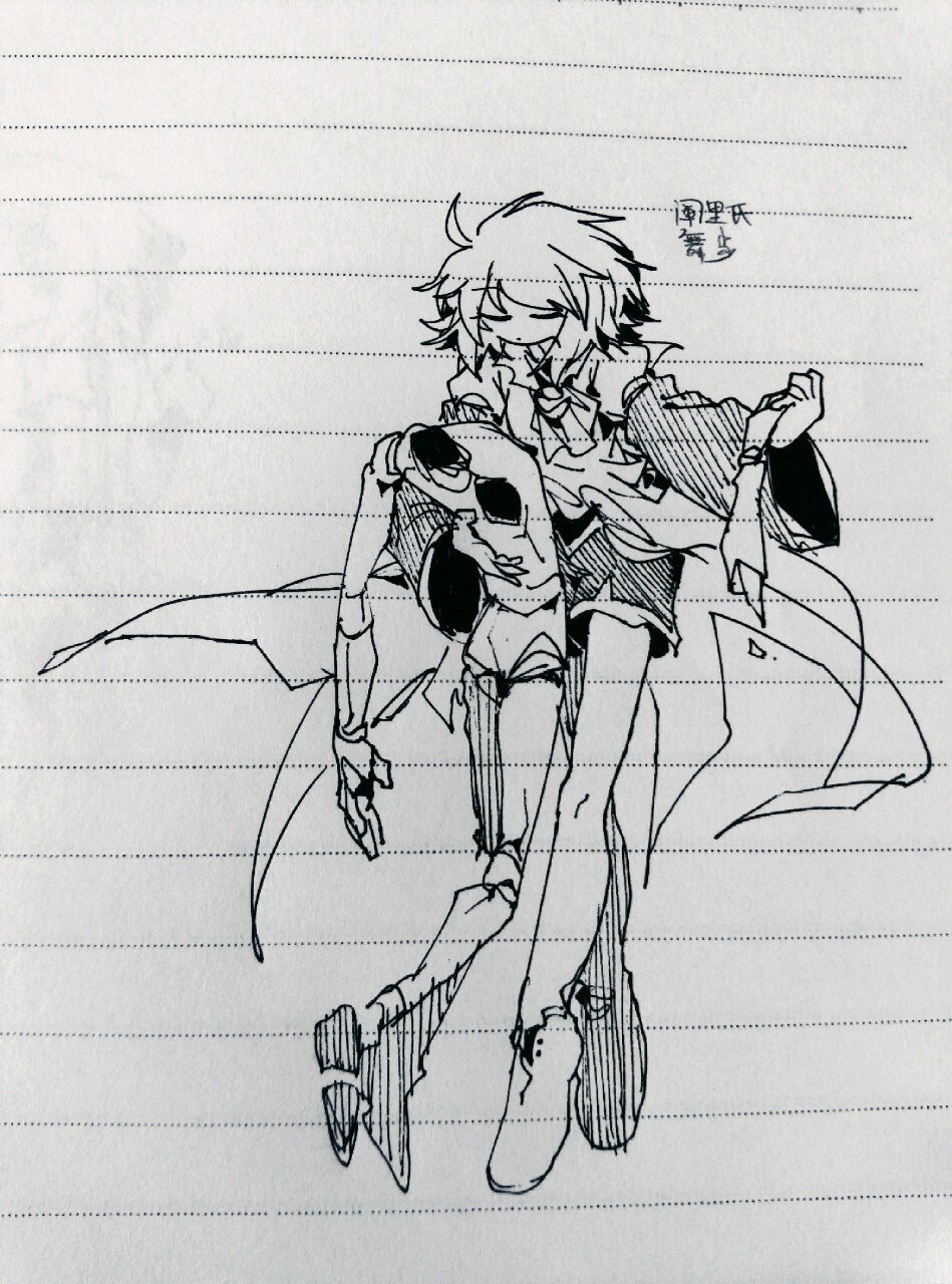 1other ahoge androgynous ascot ballpoint_pen_(medium) chinese_commentary closed_eyes closed_mouth coat full_body highres houlen_yabusame layered_sleeves len'en ling_s long_legs long_sleeves mannequin other_focus shoes short_hair short_over_long_sleeves short_sleeves shorts sketch solo traditional_media translation_request