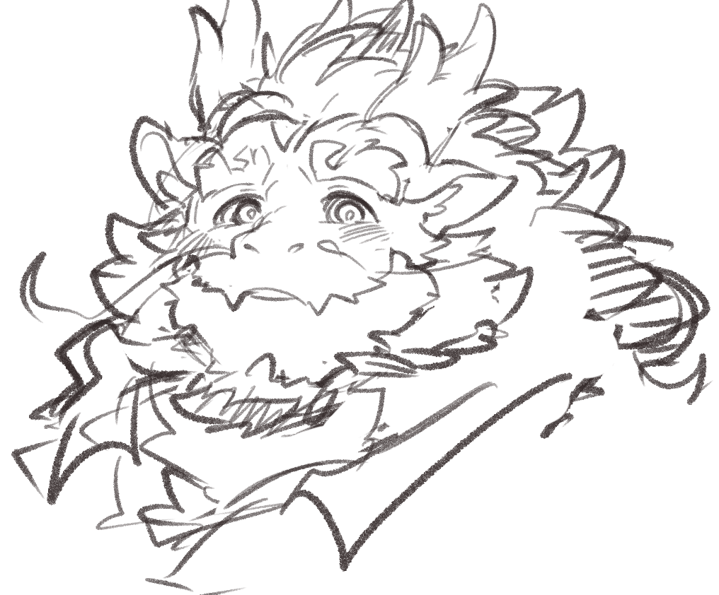 1boy bara beard blush collared_shirt cropped_torso dragon_boy dragon_horns exe_exem facial_hair full_beard furry furry_male graphite_(medium) horns huge_eyebrows long_mustache looking_at_viewer male_focus mature_male plump qinglong_(housamo) shirt sketch smile solo thick_beard tokyo_afterschool_summoners traditional_media