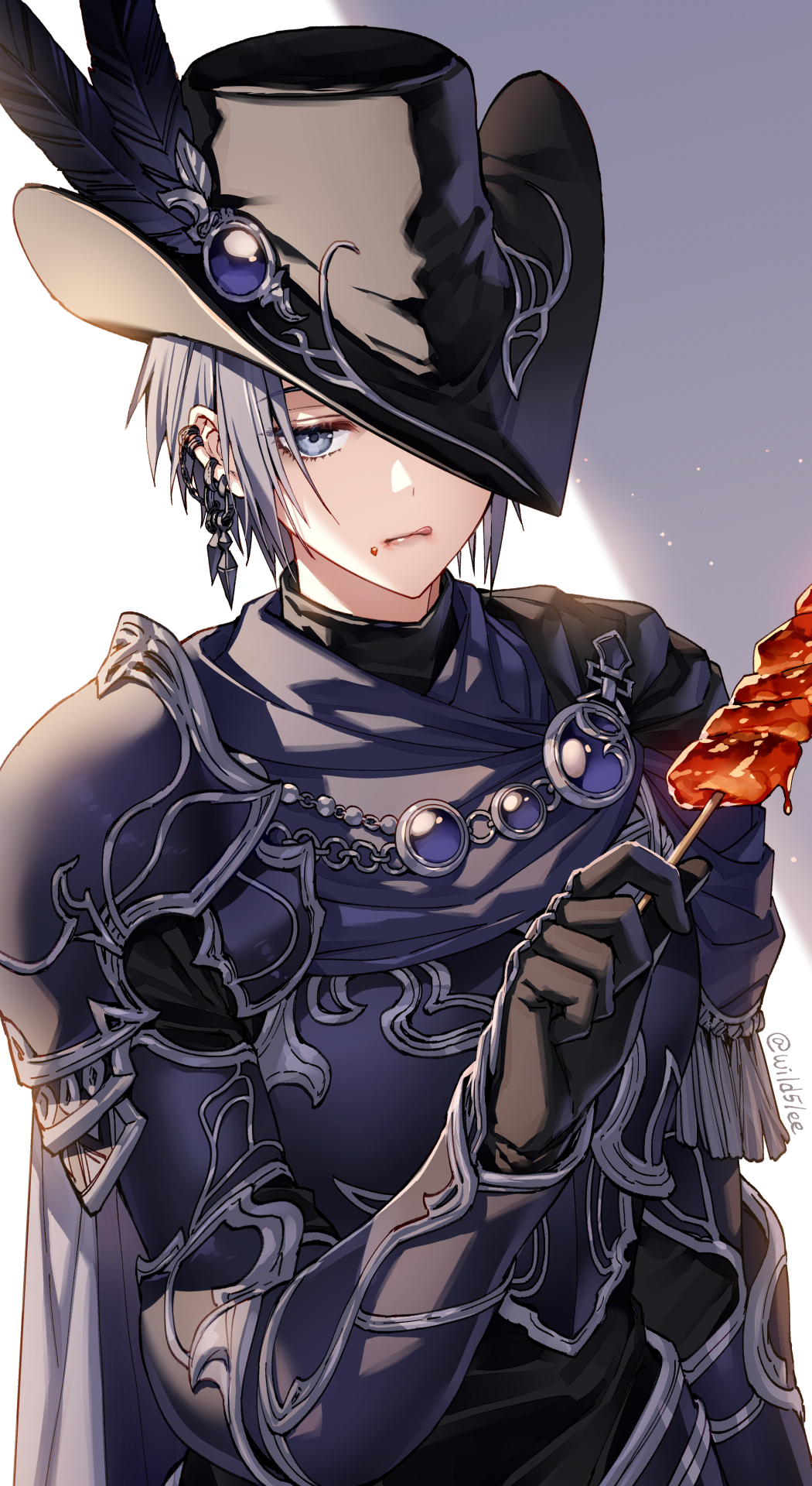 1girl :q androgynous arm_at_side armor black_gloves black_headwear breastplate brooch cape commentary ear_piercing eating expressionless final_fantasy final_fantasy_xiv food food_on_face fringe_trim gem gloves grey_cape grey_hair hand_up hat hat_feather hat_ornament hat_over_one_eye highres holding holding_food holding_skewer jewelry jitome kebab licking_lips looking_at_viewer one_eye_covered pauldrons piercing purple_gemstone reaper_(final_fantasy) reverse_trap short_hair shoulder_armor signature simple_background single_pauldron skewer solo standing tongue tongue_out tricorne twitter_username upper_body white_background wild5lee zero_(ff14)