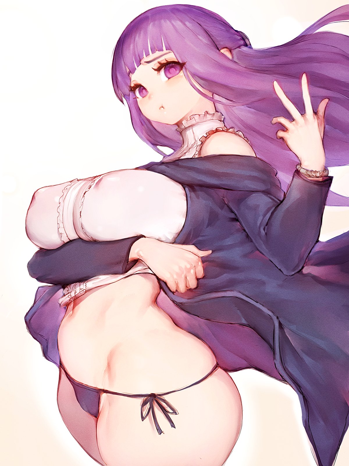 1girl :t alternate_breast_size black_coat black_robe blunt_bangs breasts coat covered_nipples fern_(sousou_no_frieren) floating_clothes floating_hair fumio_(rsqkr) highres large_breasts long_hair looking_at_viewer navel pout purple_eyes purple_hair robe simple_background sousou_no_frieren straight_hair thick_thighs thighs very_long_hair white_background