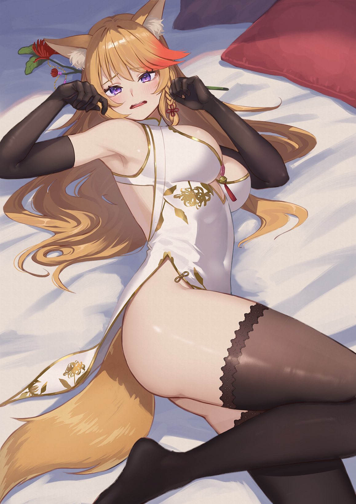 1girl animal_ears armpits ass black_gloves black_thighhighs blonde_hair breasts china_dress chinese_clothes commission dress elbow_gloves fox_ears fox_girl fox_tail gloves highres indie_virtual_youtuber long_hair lying multicolored_hair on_side parted_lips pillow pink_tassel purple_eyes ramachiru red_hair rena_fenrir short_dress skeb_commission sleeveless sleeveless_dress solo streaked_hair tail thighhighs virtual_youtuber white_dress